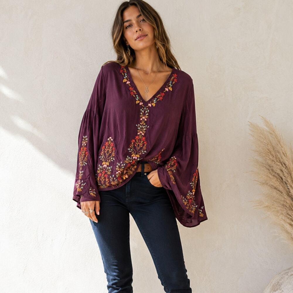 Sundance Purple Silk Embroidered Boho Bell Sleeve Blouse Womens S Peasant Shirt